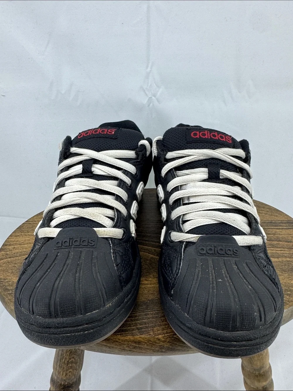 adidas Youth Boys Superstar II Skate Black Leather Sneakers w/ Red Branding, 4.5